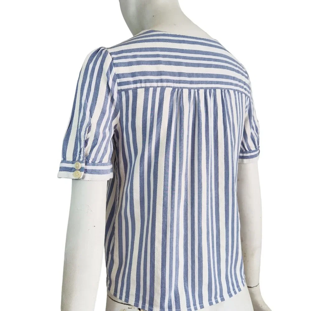 MADEWELL Plaza Coastal Coquette Stripe Button Front Cotton Viscose Blouse Sz XXS